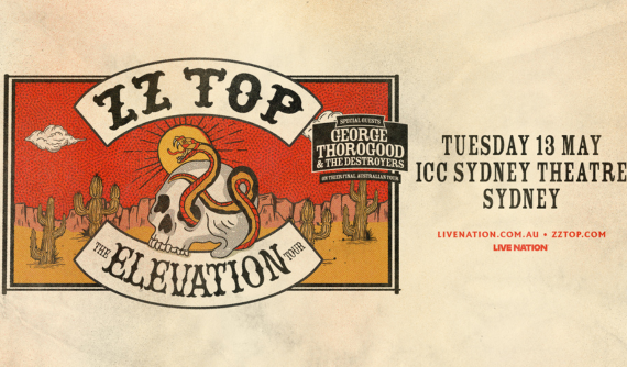 ZZ Top the Elevation Tour, featuring a skull with a snake through it. Special guests George Thorogood and the destroyers.